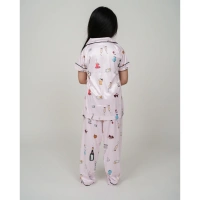 Generic Girl's Silk Bleand Printed Short Sleeve Night Suit Set (Creem) - 11-12-Yrs