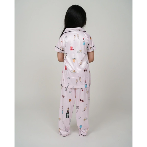 Generic Girl's Silk Bleand Printed Short Sleeve Night Suit Set (Creem) - 11-12-Yrs