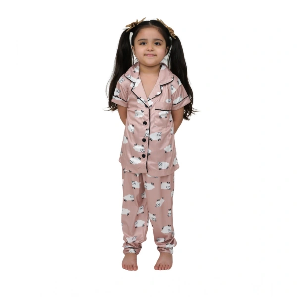 Generic Girl's Silk Bleand Printed Short Sleeve Night Suit Set (Brown) - 10-11-Yrs