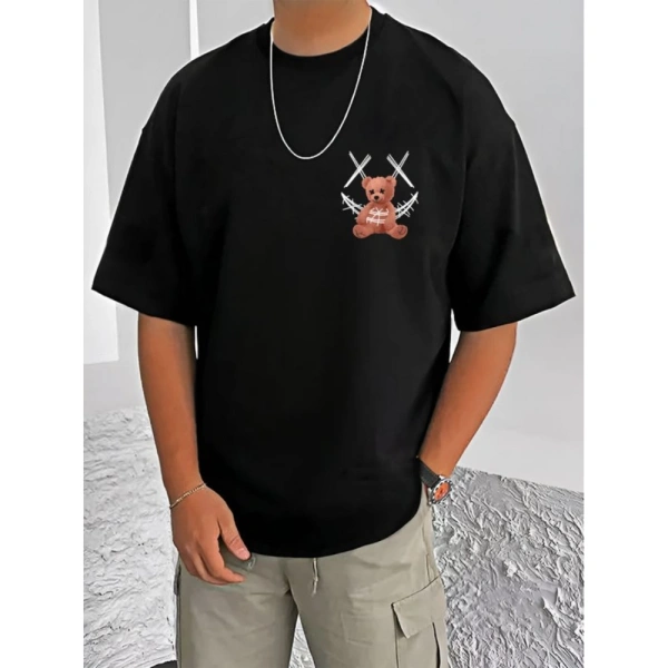 Shopnav Men's Casual Cotton Blend Printed Round Neck Half Sleeve T-Shirt (Black) - L