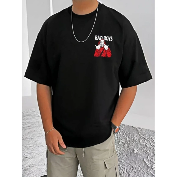 Shopnav Men's Casual Cotton Blend Printed Round Neck Half Sleeve T-Shirt (Black) - L