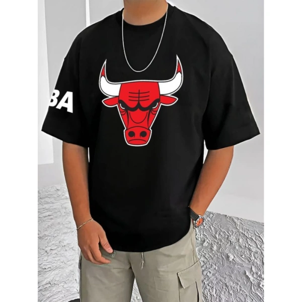 Shopnav Men's Casual Cotton Blend Printed Round Neck Half Sleeve T-Shirt (Black) - L