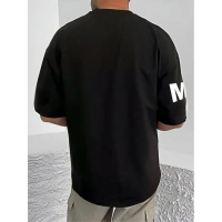 Shopnav Men's Casual Cotton Blend Printed Round Neck Half Sleeve T-Shirt (Black) - L