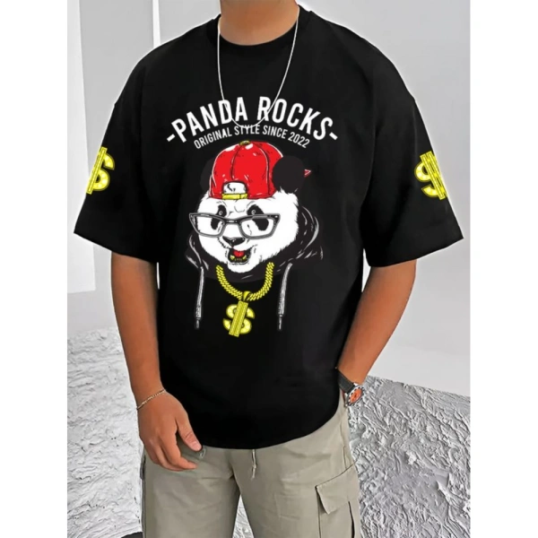 Shopnav Men's Casual Cotton Blend Printed Round Neck Half Sleeve T-Shirt (Black) - L