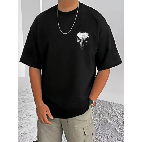 Shopnav Men's Casual Cotton Blend Printed Round Neck Half Sleeve T-Shirt (Black) - S