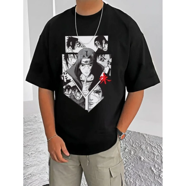 Shopnav Men's Casual Cotton Blend Printed Round Neck Half Sleeve T-Shirt (Black) - L