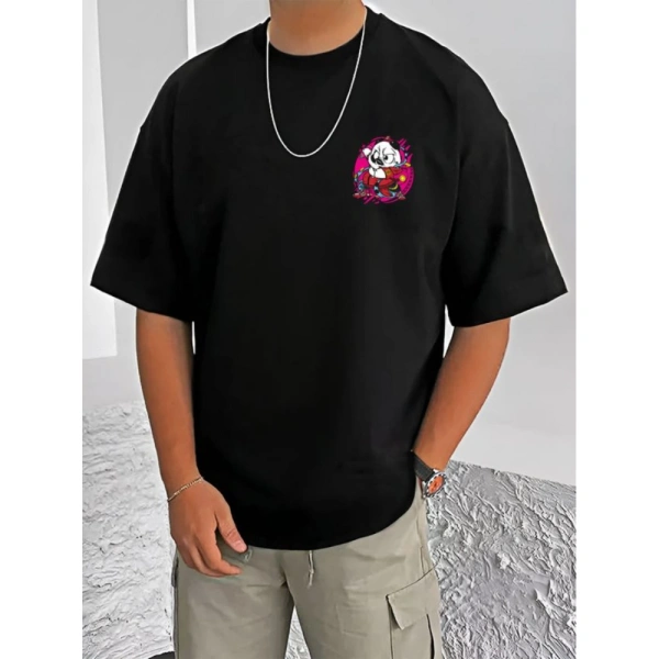 Shopnav Men's Casual Cotton Blend Printed Round Neck Half Sleeve T-Shirt (Black) - M
