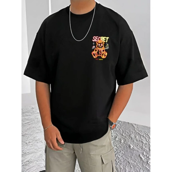Shopnav Men's Casual Cotton Blend Printed Round Neck Half Sleeve T-Shirt (Black) - 3XL