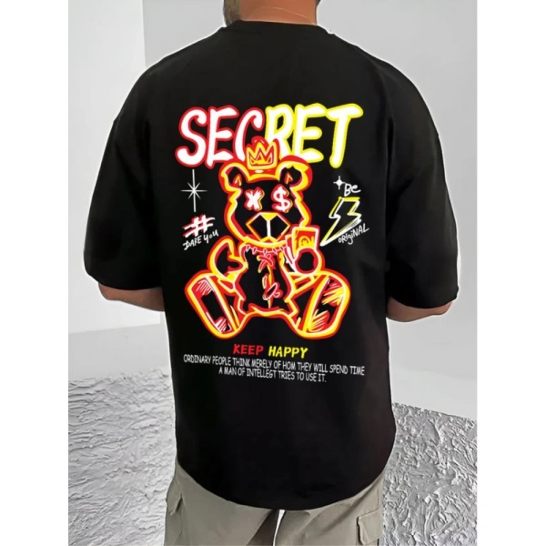 Shopnav Men's Casual Cotton Blend Printed Round Neck Half Sleeve T-Shirt (Black) - 3XL