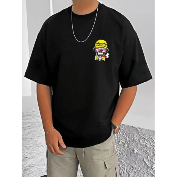 Shopnav Men's Casual Cotton Blend Printed Round Neck Half Sleeve T-Shirt (Black) - S