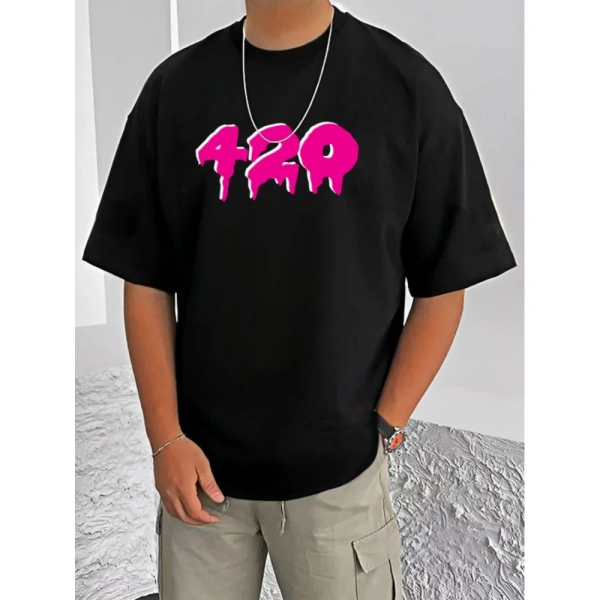 Shopnav Men's Casual Cotton Blend Printed Round Neck Half Sleeve T-Shirt (Black) - XL