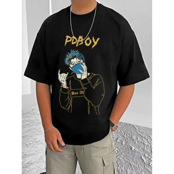 Shopnav Men's Casual Cotton Blend Printed Round Neck Half Sleeve T-Shirt (Black) - 2XL