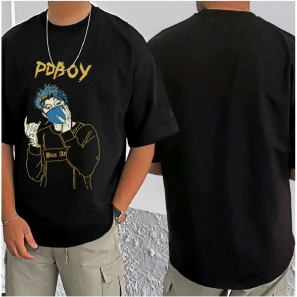 Shopnav Men's Casual Cotton Blend Printed Round Neck Half Sleeve T-Shirt (Black) - 2XL