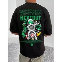 Shopnav Men's Casual Cotton Blend Printed Round Neck Half Sleeve T-Shirt (Black) - L