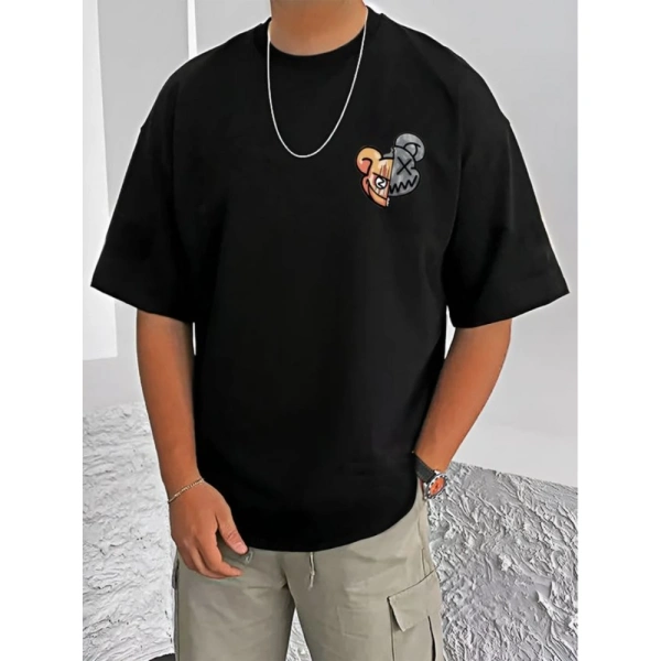 Shopnav Men's Casual Cotton Blend Printed Round Neck Half Sleeve T-Shirt (Black) - L