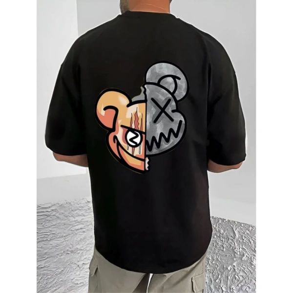Shopnav Men's Casual Cotton Blend Printed Round Neck Half Sleeve T-Shirt (Black) - L