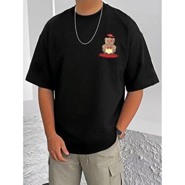 Shopnav Men's Casual Cotton Blend Printed Round Neck Half Sleeve T-Shirt (Black) - 2XL