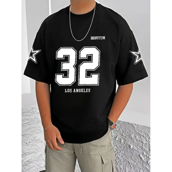 Shopnav Men's Casual Cotton Blend Printed Round Neck Half Sleeve T-Shirt (Black) - L