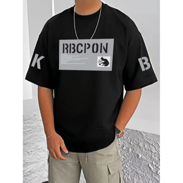 Shopnav Men's Casual Cotton Blend Printed Round Neck Half Sleeve T-Shirt (Black) - S