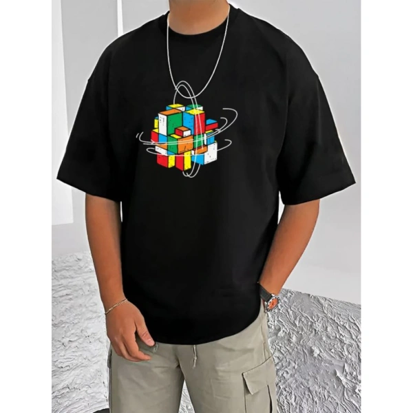 Shopnav Men's Casual Cotton Blend Printed Round Neck Half Sleeve T-Shirt (Black) - L