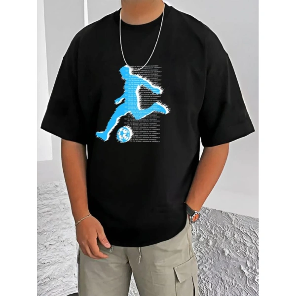 Shopnav Men's Casual Cotton Blend Printed Round Neck Half Sleeve T-Shirt (Black) - L