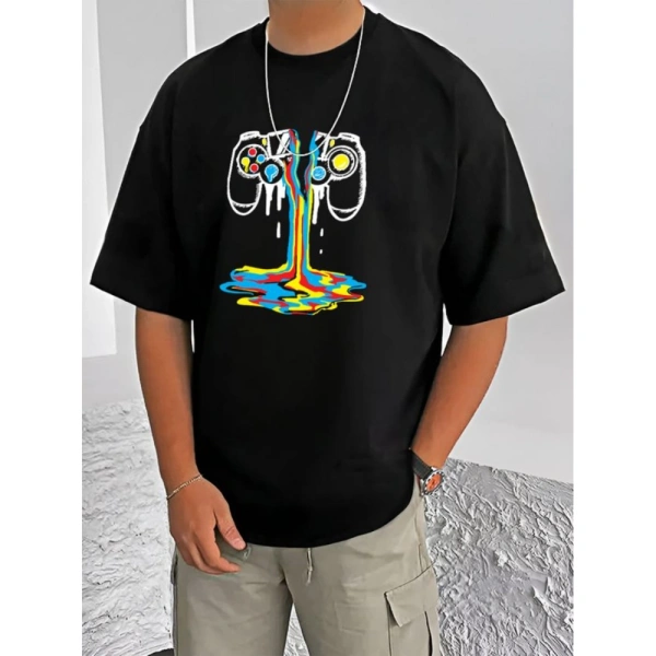 Shopnav Men's Casual Cotton Blend Printed Round Neck Half Sleeve T-Shirt (Black) - L