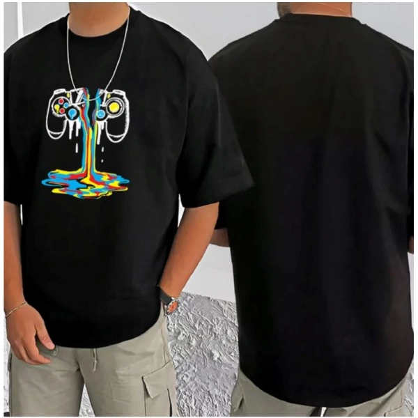 Shopnav Men's Casual Cotton Blend Printed Round Neck Half Sleeve T-Shirt (Black) - L