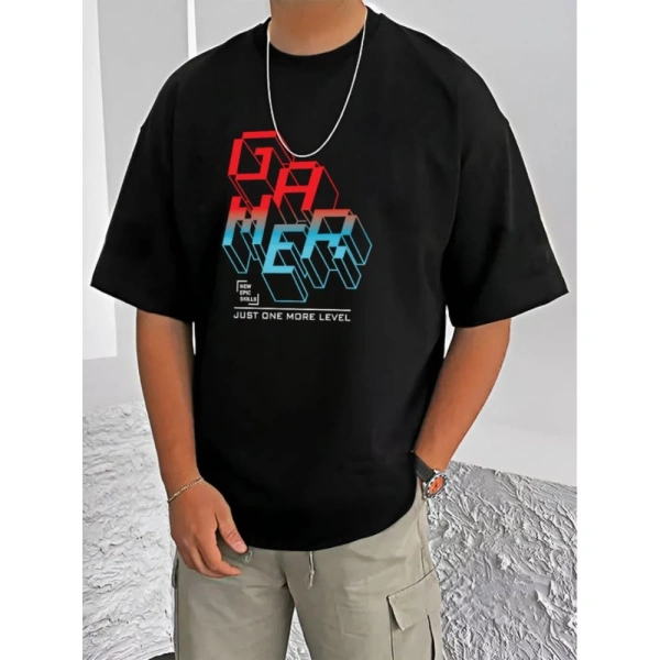 Shopnav Men's Casual Cotton Blend Printed Round Neck Half Sleeve T-Shirt (Black) - L