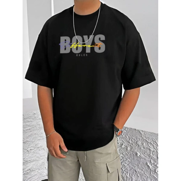 Shopnav Men's Casual Cotton Blend Printed Round Neck Half Sleeve T-Shirt (Black) - M