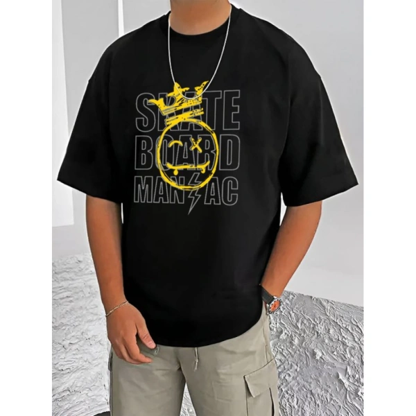 Shopnav Men's Casual Cotton Blend Printed Round Neck Half Sleeve T-Shirt (Black) - XL