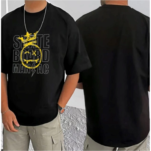 Shopnav Men's Casual Cotton Blend Printed Round Neck Half Sleeve T-Shirt (Black) - XL