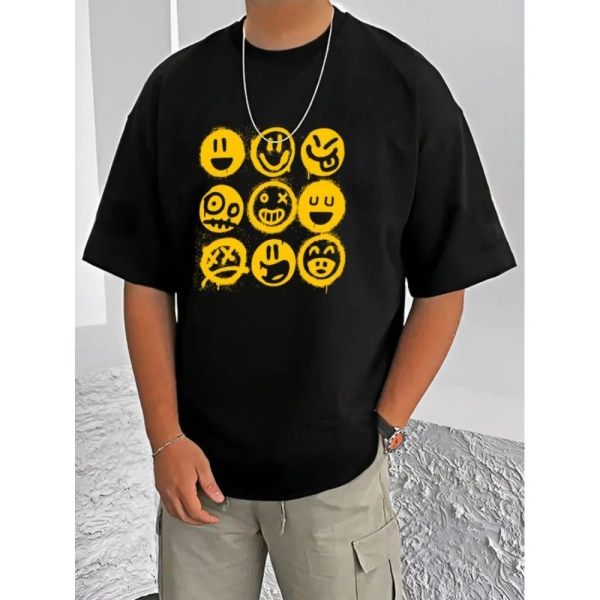 Shopnav Men's Casual Cotton Blend Printed Round Neck Half Sleeve T-Shirt (Black) - L