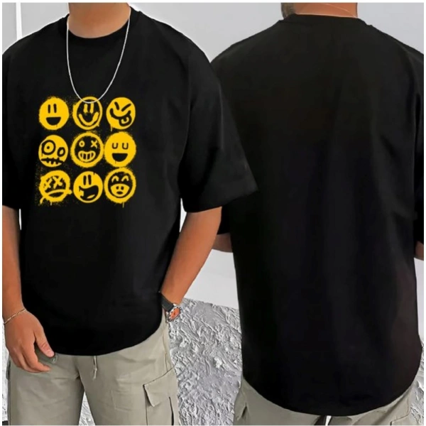 Shopnav Men's Casual Cotton Blend Printed Round Neck Half Sleeve T-Shirt (Black) - L