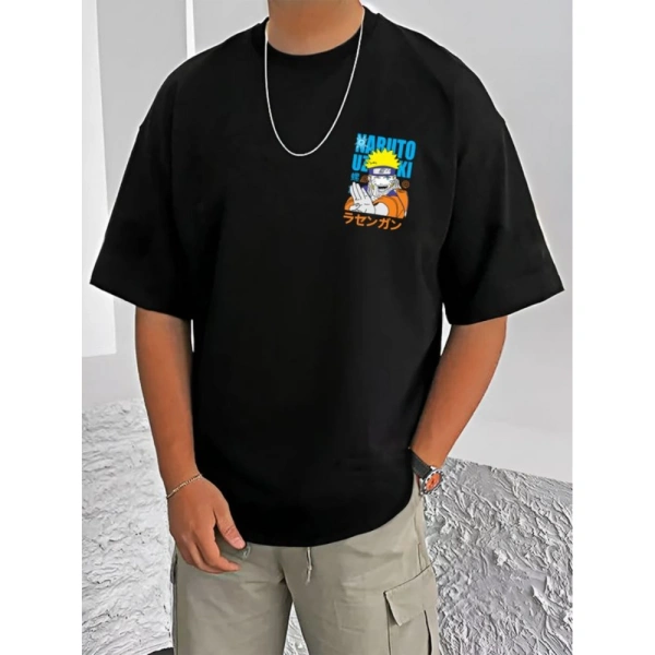 Shopnav Men's Casual Cotton Blend Printed Round Neck Half Sleeve T-Shirt (Black) - S