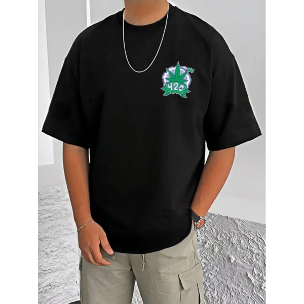 Shopnav Men's Casual Cotton Blend Printed Round Neck Half Sleeve T-Shirt (Black) - M