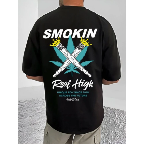 Shopnav Men's Casual Cotton Blend Printed Round Neck Half Sleeve T-Shirt (Black) - L