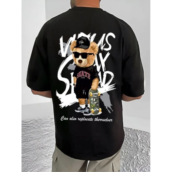Shopnav Men's Casual Cotton Blend Printed Round Neck Half Sleeve T-Shirt (Black) - L