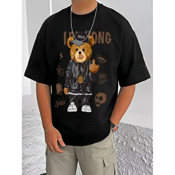 Shopnav Men's Casual Cotton Blend Printed Round Neck Half Sleeve T-Shirt (Black) - XL