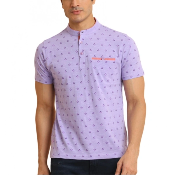 Men's Casual Cotton Printed Mandarin Collar Half Sleeve T-Shirt (Lavender) - S