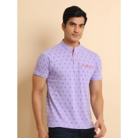 Men's Casual Cotton Printed Mandarin Collar Half Sleeve T-Shirt (Lavender) - S