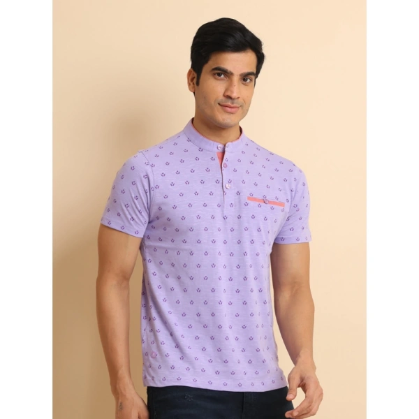 Men's Casual Cotton Printed Mandarin Collar Half Sleeve T-Shirt (Lavender) - S