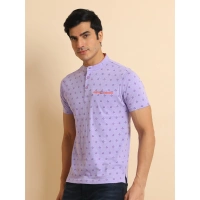 Men's Casual Cotton Printed Mandarin Collar Half Sleeve T-Shirt (Lavender) - S