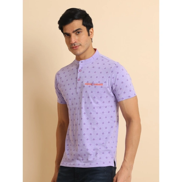 Men's Casual Cotton Printed Mandarin Collar Half Sleeve T-Shirt (Lavender) - S