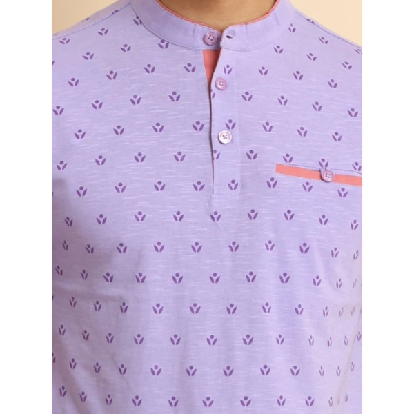 Men's Casual Cotton Printed Mandarin Collar Half Sleeve T-Shirt (Lavender) - S