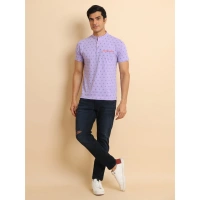 Men's Casual Cotton Printed Mandarin Collar Half Sleeve T-Shirt (Lavender) - S