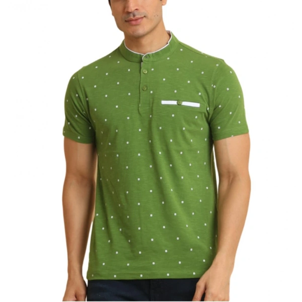 Men's Casual Cotton Printed Mandarin Collar Half Sleeve T-Shirt (Green) - M