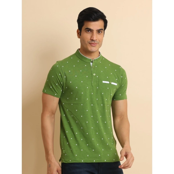 Men's Casual Cotton Printed Mandarin Collar Half Sleeve T-Shirt (Green) - M