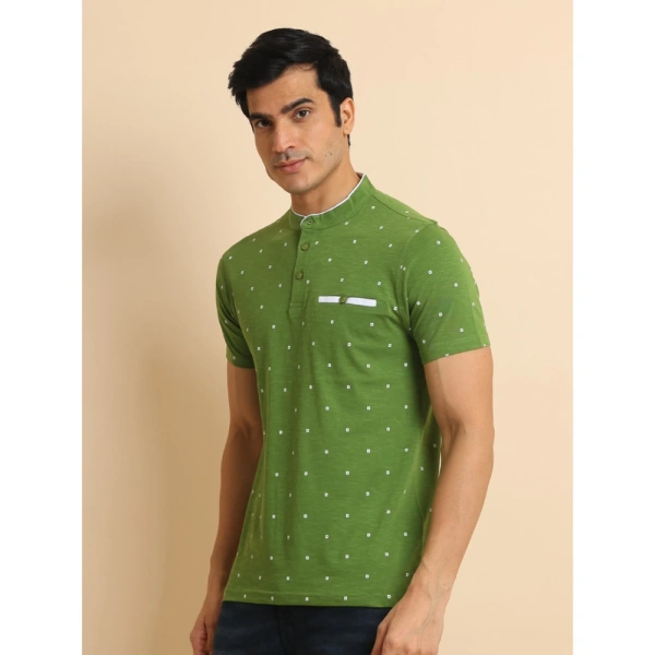 Men's Casual Cotton Printed Mandarin Collar Half Sleeve T-Shirt (Green) - M