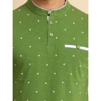 Men's Casual Cotton Printed Mandarin Collar Half Sleeve T-Shirt (Green) - M