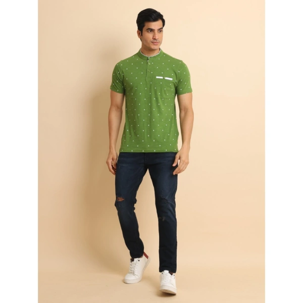 Men's Casual Cotton Printed Mandarin Collar Half Sleeve T-Shirt (Green) - M